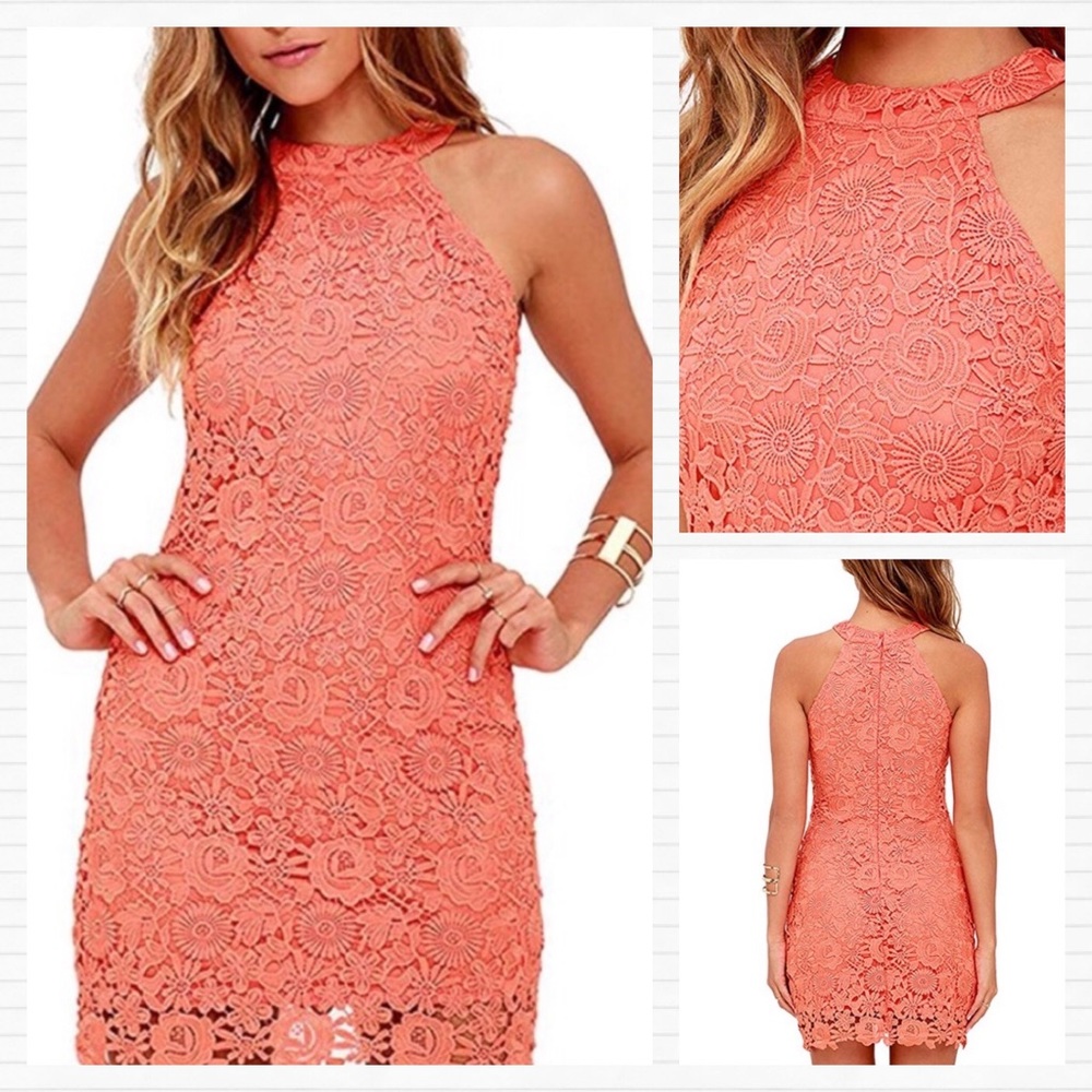 Coral Crochet Lace Halter Bodycon Mini Dress - Picture 3 of 9